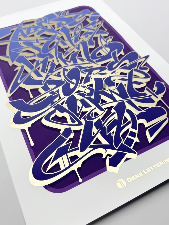 Blue And Purple Graffiti Alphabet Metallic Gold Foil Print, close-up. 