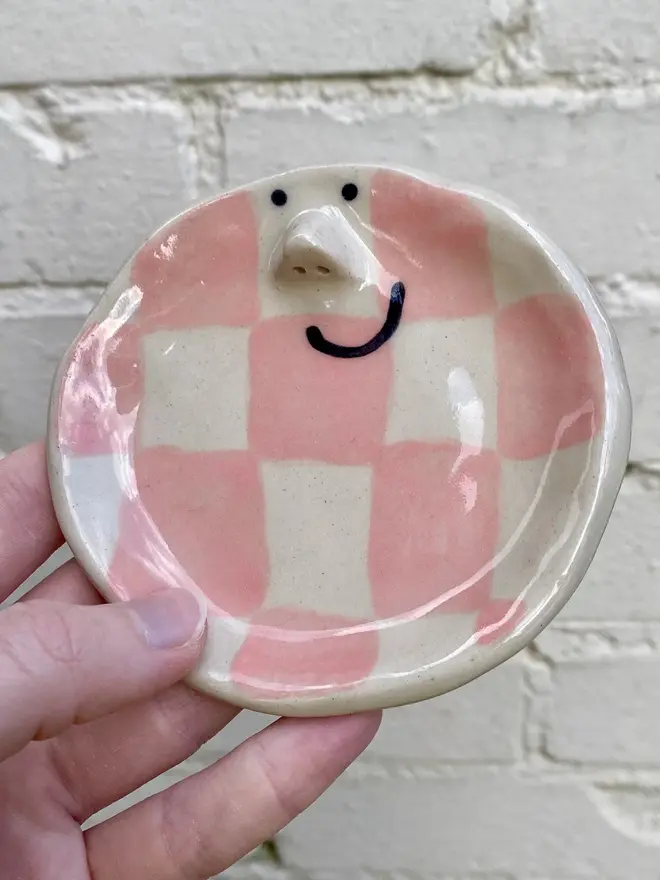 pink check handmade ceramic trinket dish