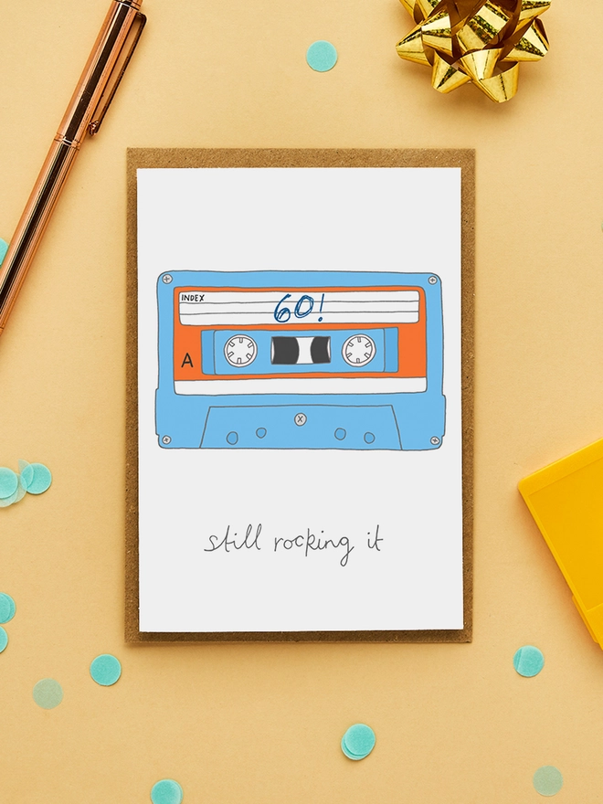 Funny 60th Birthday Card Featuring a Hand Drawn Cassette Tape