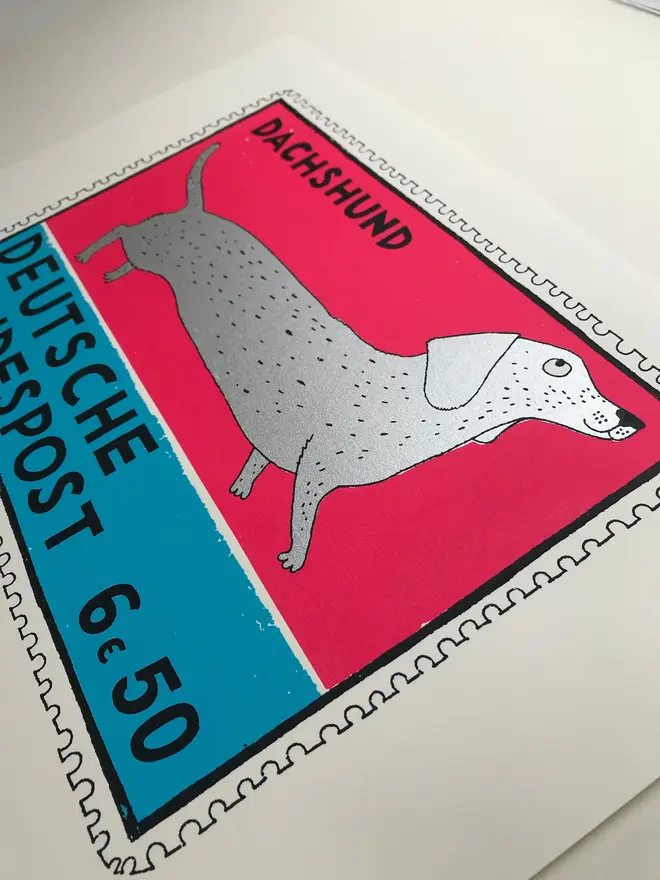 Sausage Dog Stamp Screenprint Sausages Stamp, a colourful sausage dog design against a white screenprint. 