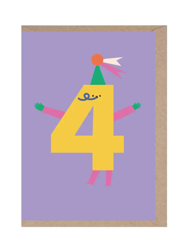 4th Birthday Card, against a white background with its brown envelope. 
