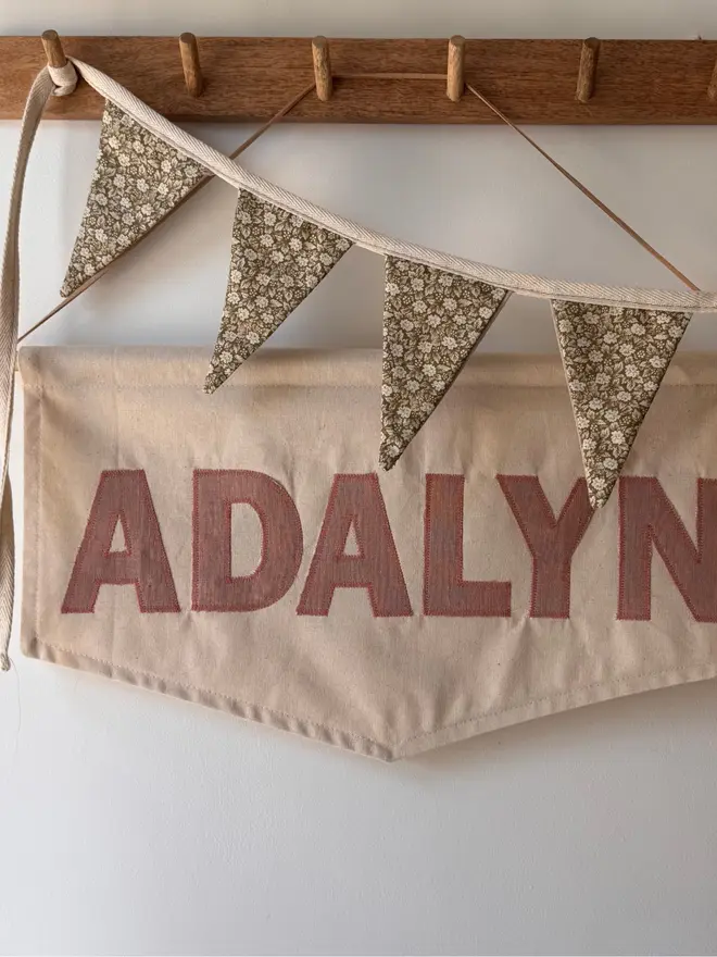 Linen Name Banner.  A large banner with pink linen letters spelling ADALYN