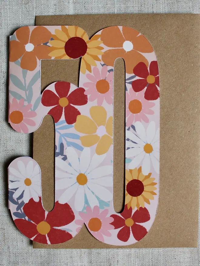 floral 50th birthday card. card shaped like 50 decorated with colourful flowers.
