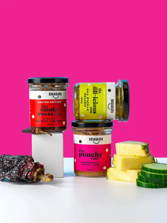 trio of flavours on a pink background