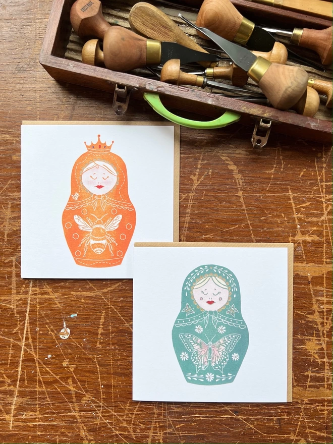 queen bee and madame Butterly matryoshka dot cards