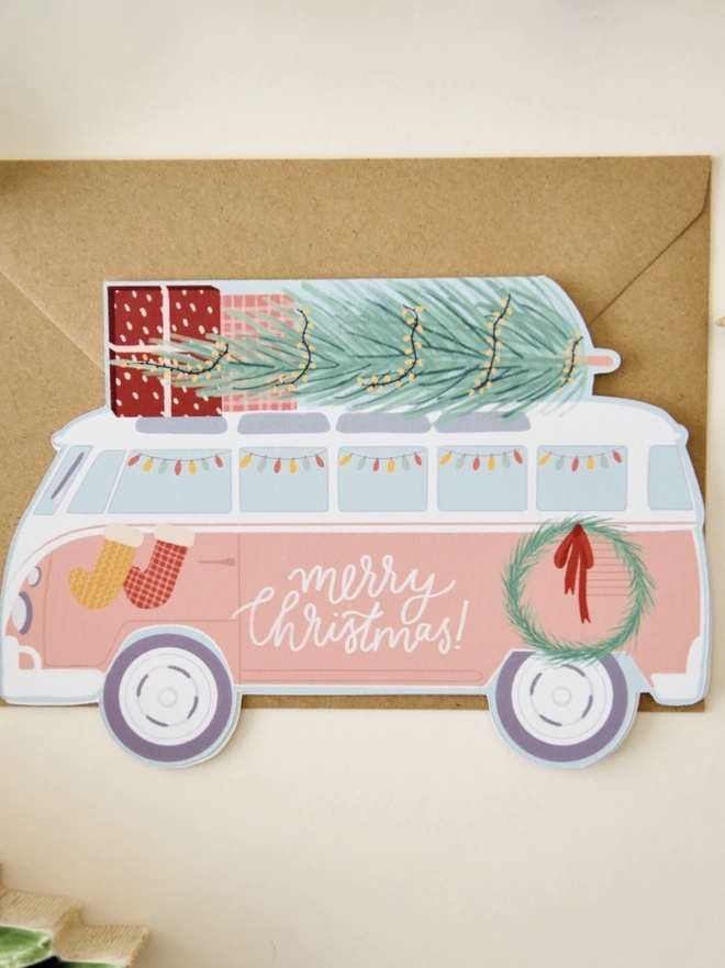 Illustrated Christmas camper van cutout Christmas card