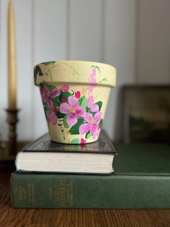 hand painted terracotta floral plant pot background in a pale yellow with pink and white blossom flowers