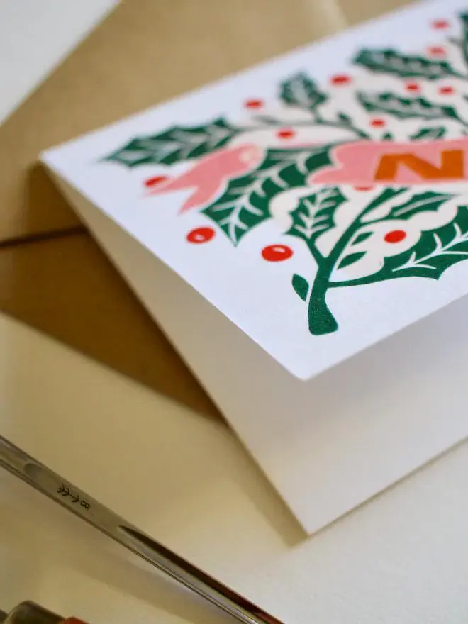 noel holly leaves christmas card