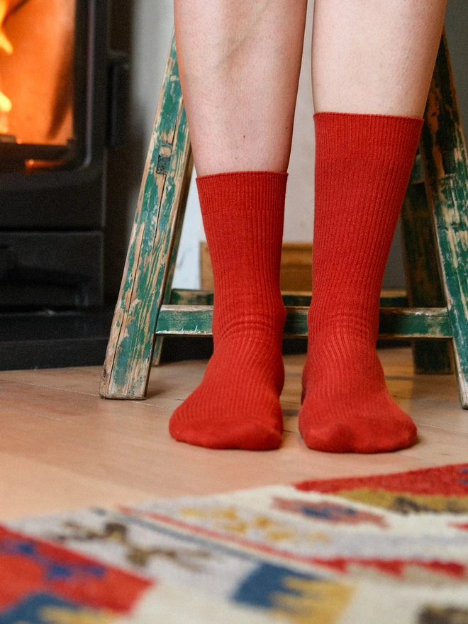 red organic rib socks in regular and short lengths 