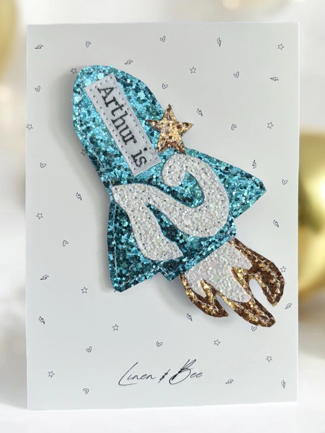 Personalised glitter rocket birthday badge