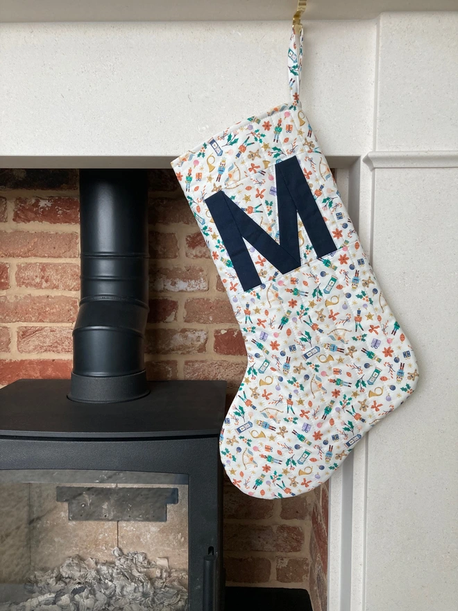 Cooper and Fred Ditsy Nutcracker Personalised Christmas Stocking with Navy M Letter