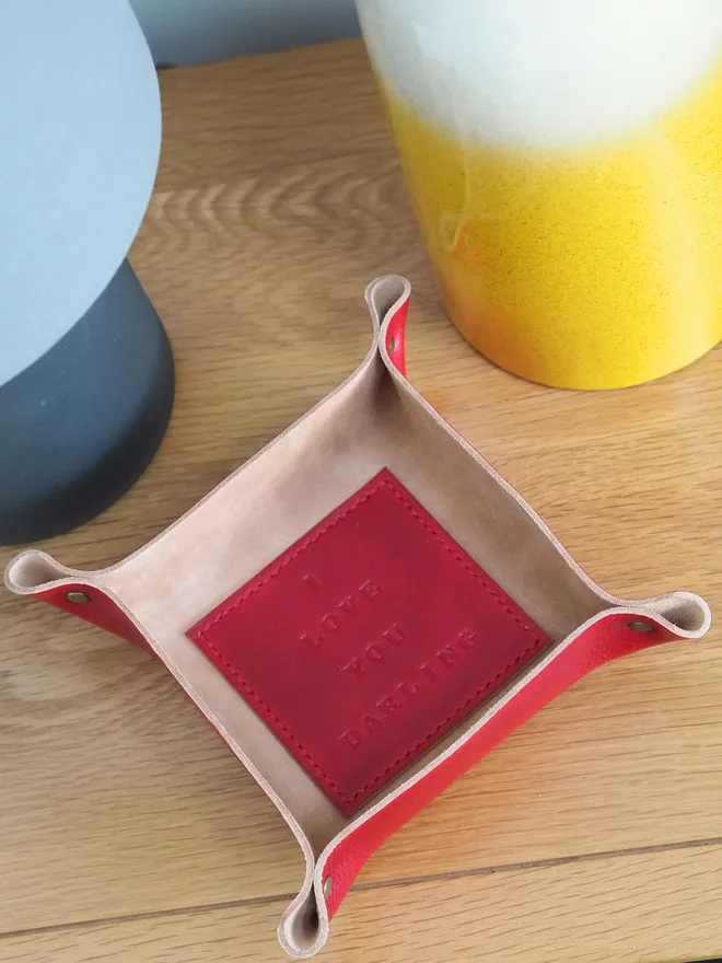 red leather square tray with personalised base I love you darling