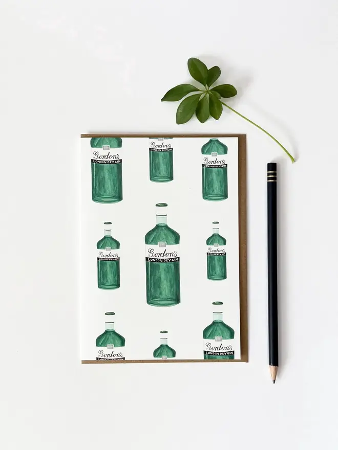 gin bottles illustrated card. card photographed against plain white background.