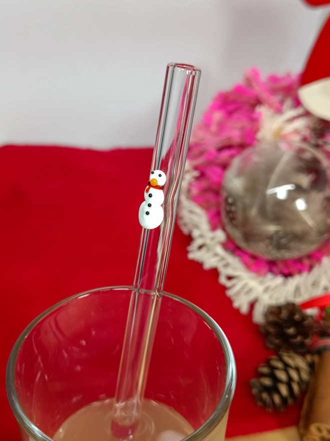 Close up of a snowman straw in a glass