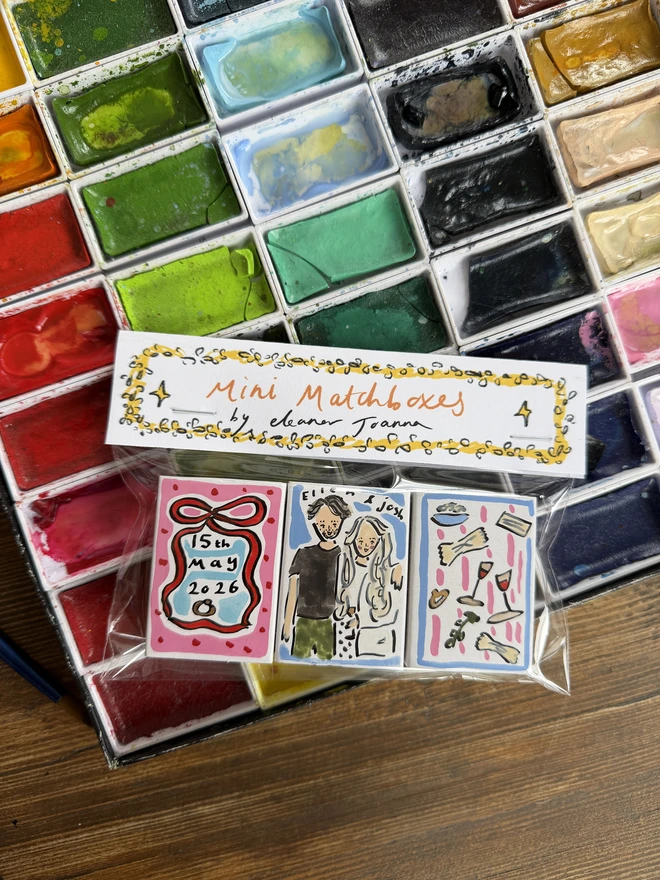 Mini Matchboxes personalised with topper on it in packaging exxample