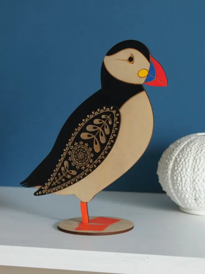 Standing Wooden Atlantic Puffin, wooden bird decoration standing on a platform. 