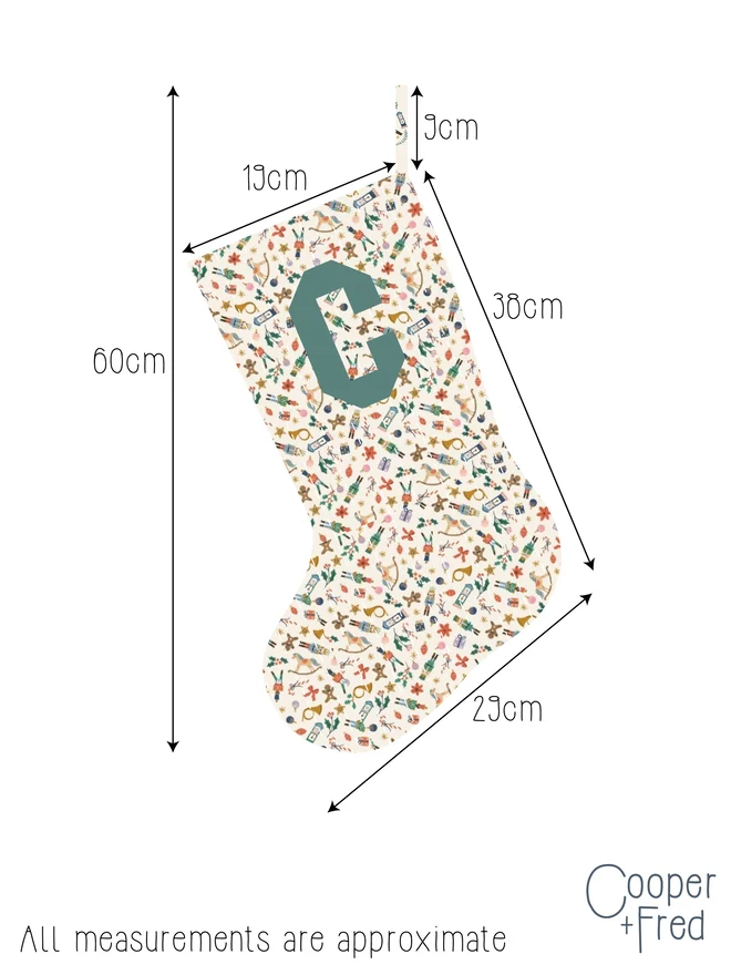 Cooper and Fred Personalised Christmas Stocking in Ditsy Nutcracker print with measurements