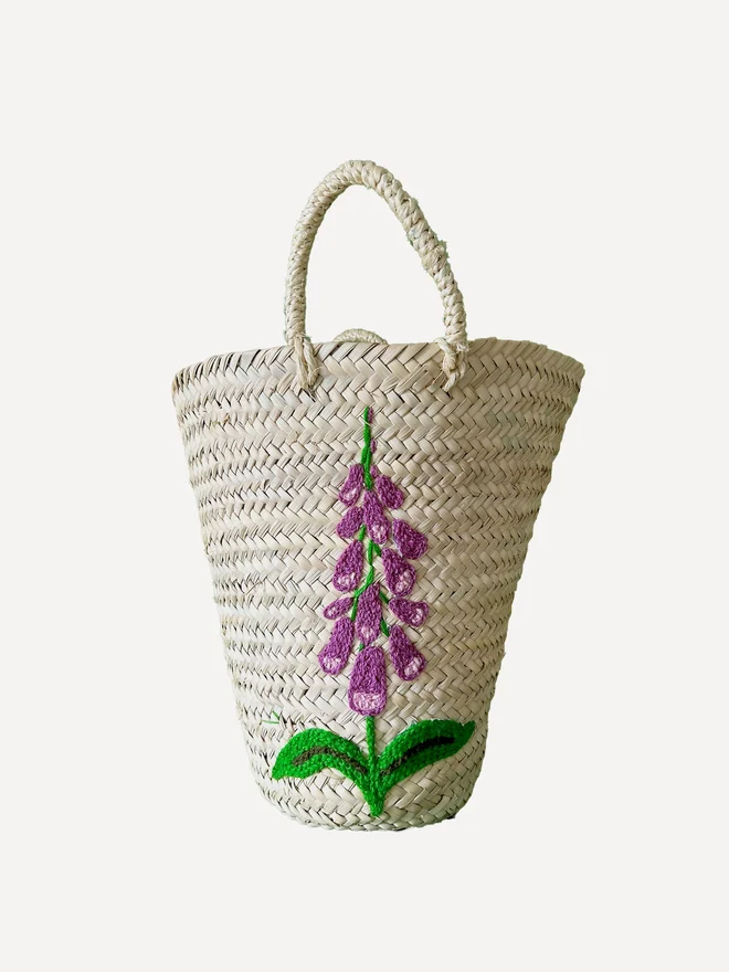 'Foxglove' Hand Embroidered Market Basket 