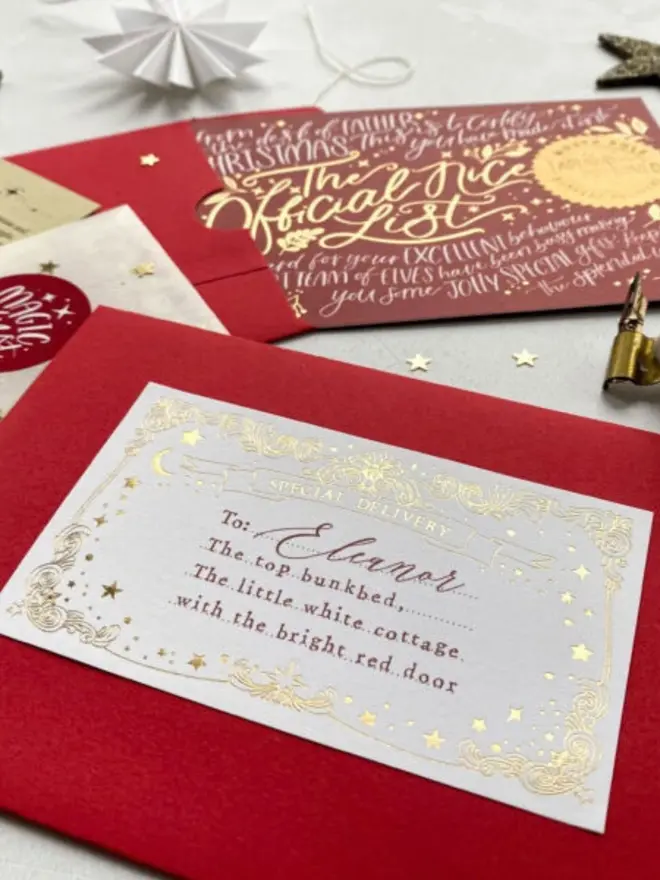A red envelope with a gold foil "Special Delivery" label addressed to Eleanor's top bunkbed.