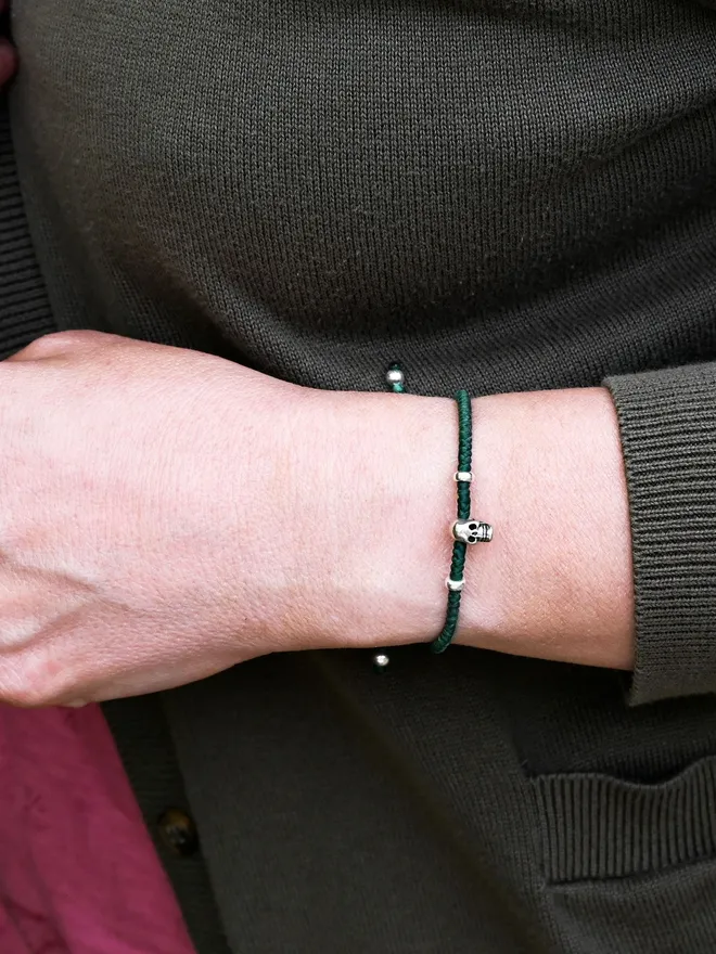 women's adjustable skull bracelet green cord sterling silver handmade UK
