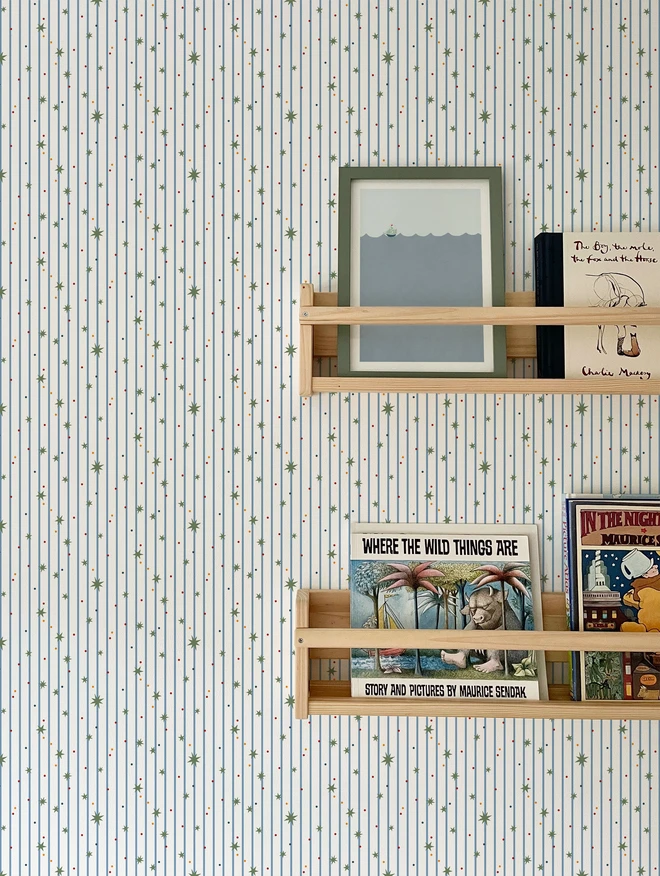 Ducks In A Row Stars and Stripes Kids Wallpaper in Boys Bedroom with book shelf