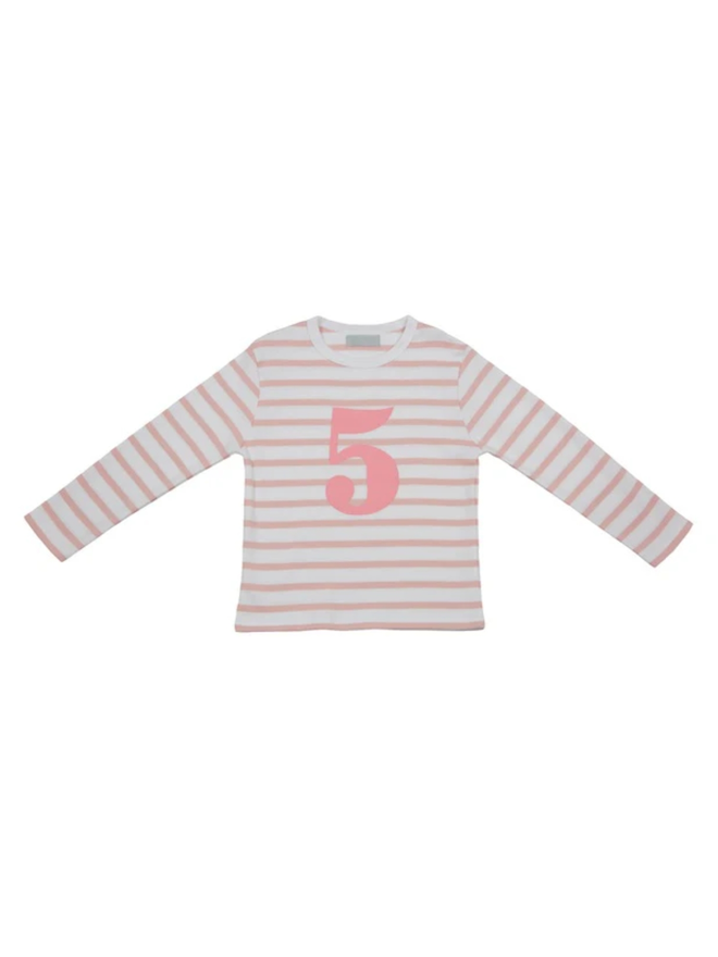 Dusty Pink & White Breton Striped Number 5 T Shirt