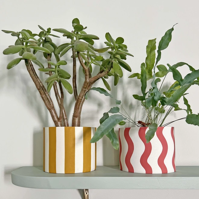 Yellow and white striped pot and Coral Red and White squiggle pot on a shelf with a pale background.