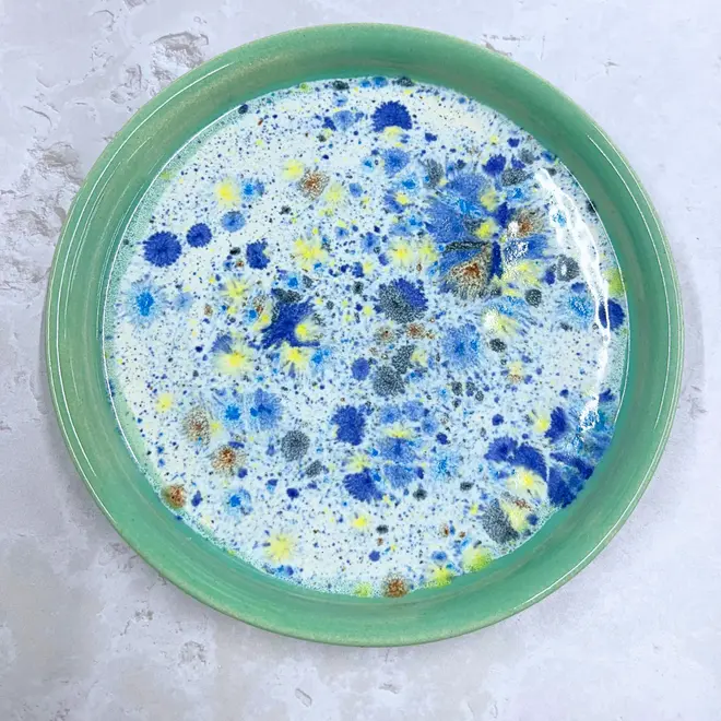 Shoreline Dinner Plate, a colourful plate placed on a stone surface. 