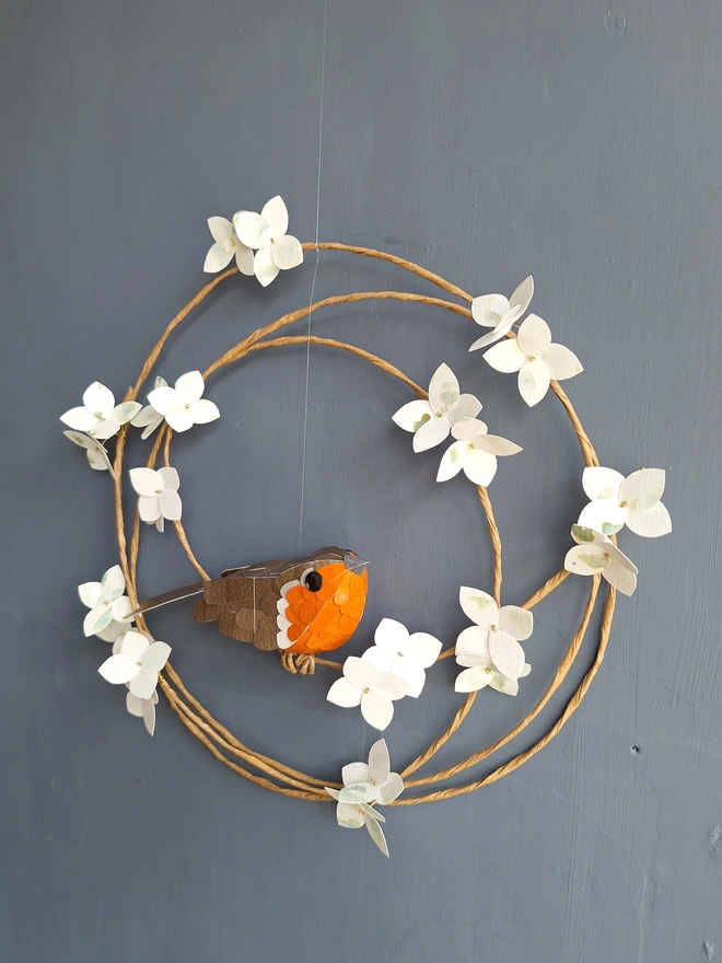 handmade robin on a floral wreath