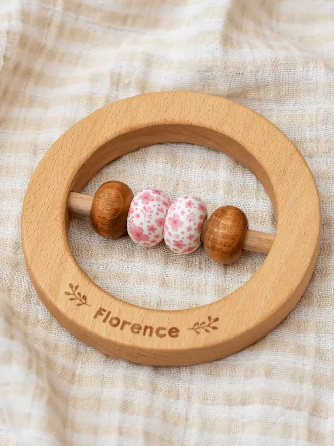 Ring Rattle with Cherry and Floral Beads