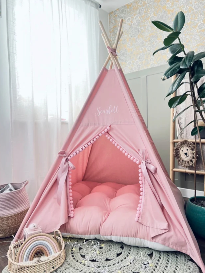 Personalised Dusty Pink Teepee. A pink teepee in a child’s bedroom.