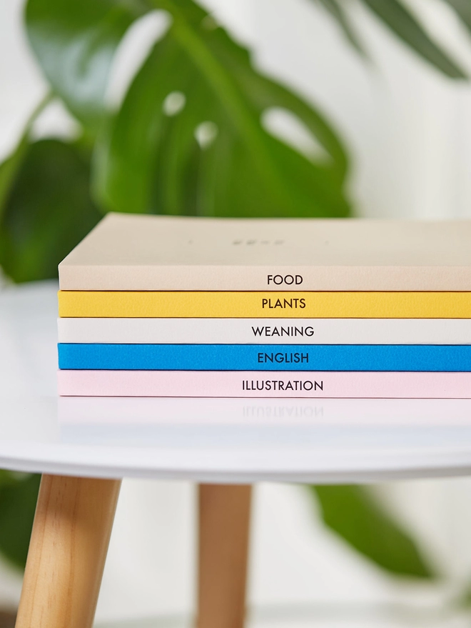 a stack of a gradient of colourful notebooks with personalised text down the spine