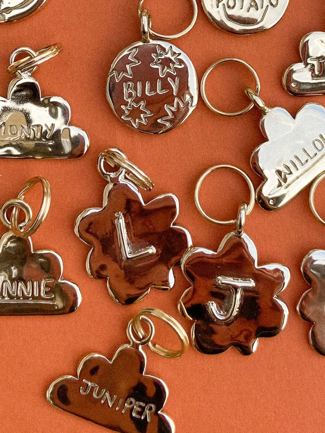 an assortment of brass pet tags lay on an orange background. some are shaped like flowers, some like clouds and some round with doodles engraved. all have pets names or initials on the front.