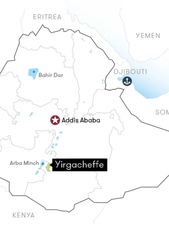 Ethiopian map with Yirgacheffe subregion circled.
