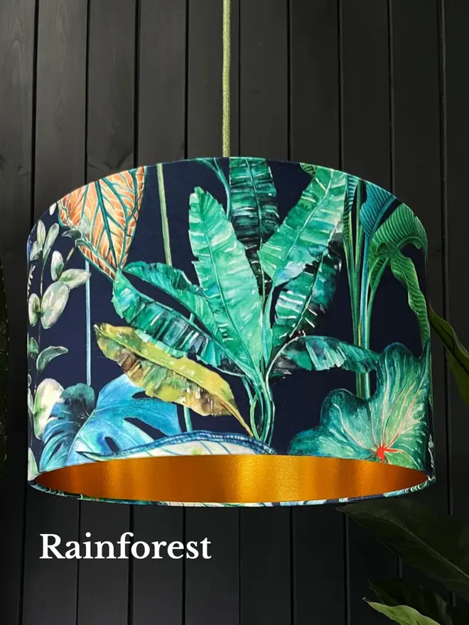Rainforest tropical velvet lampshade with green foliage and gold lining