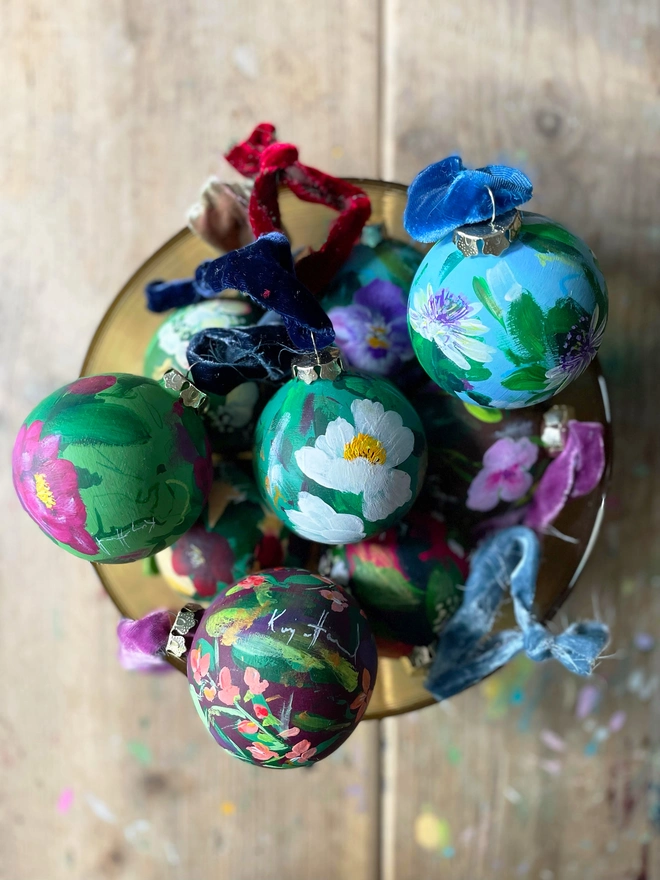 Hand painted floral ceramic Christmas bauble