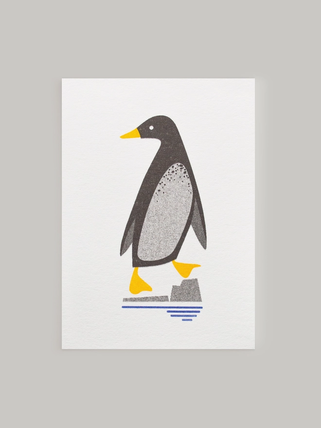 A cute little penguin hops about a coastal landscape and is risograph printed onto this sweet little greeting card. Each card comes complete with a contrasting envelope and is blank inside.