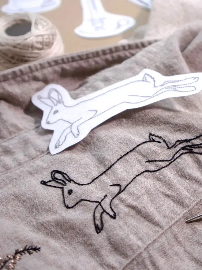 Hare hand embroidery from the dark academia stick and stitch set by Tired Starling Studio