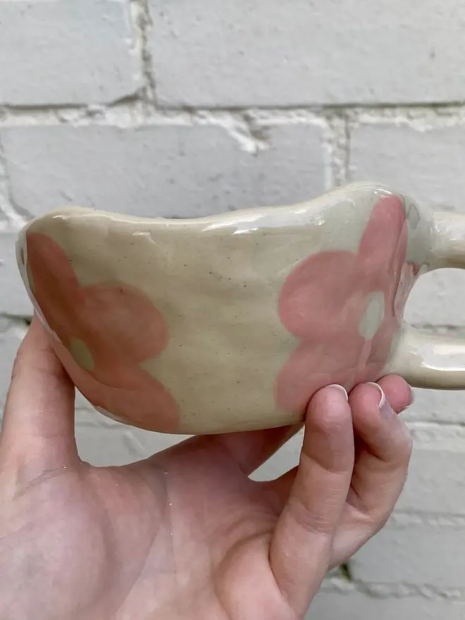 pink flower handmade ceramic smiley face mug