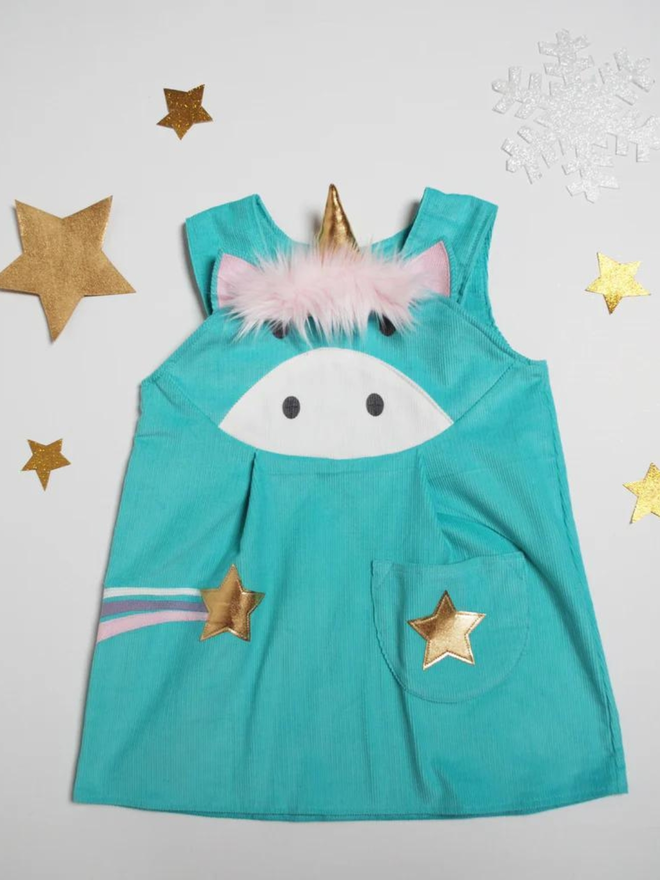 blue unicorn pinafore dress front