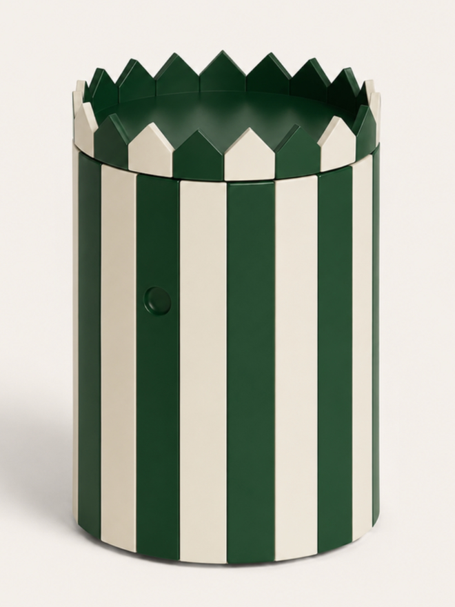 Low Barrel Table and Tray Set. A table and tray set in forest green
