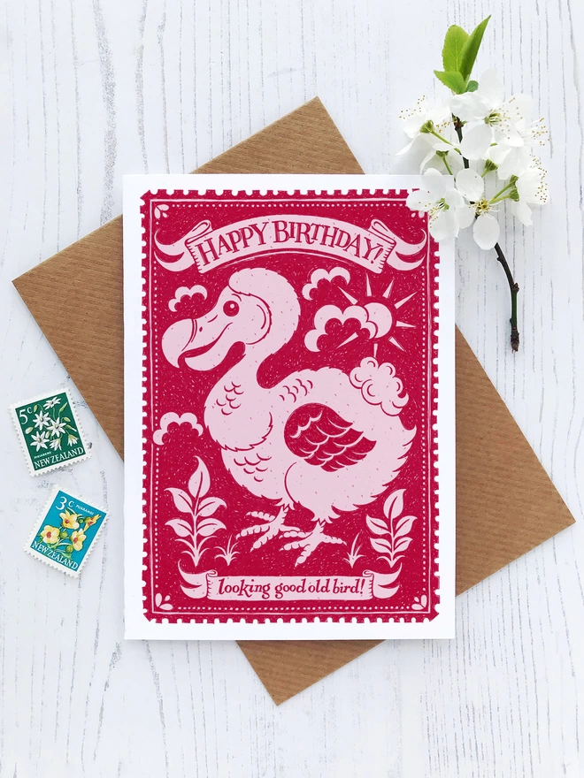 pink dodo old bird birthday card with envelope flowers and stamps