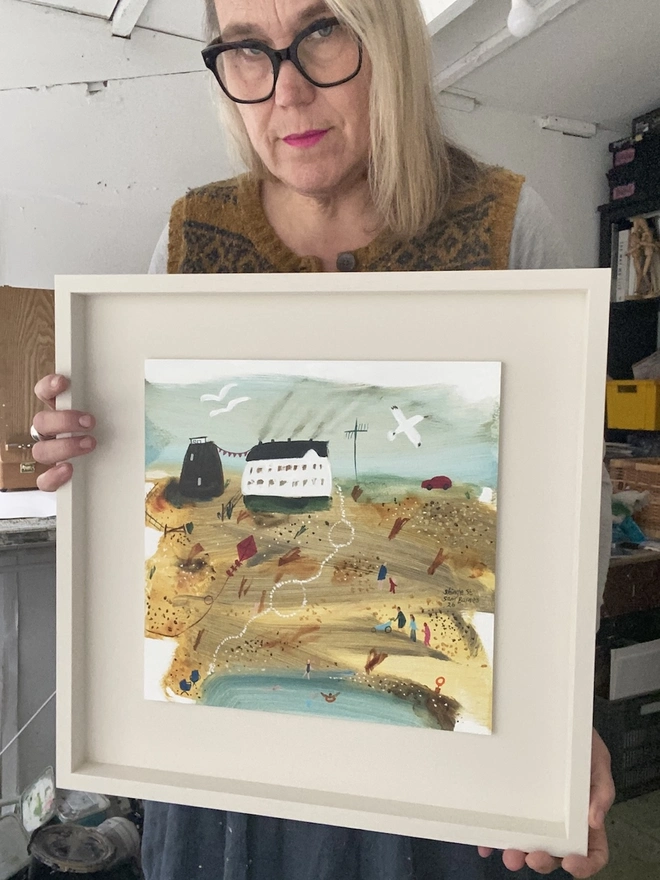 Charming whimiscal painting of the coast by Samantha Barnes, Narrative Art Beach Scene