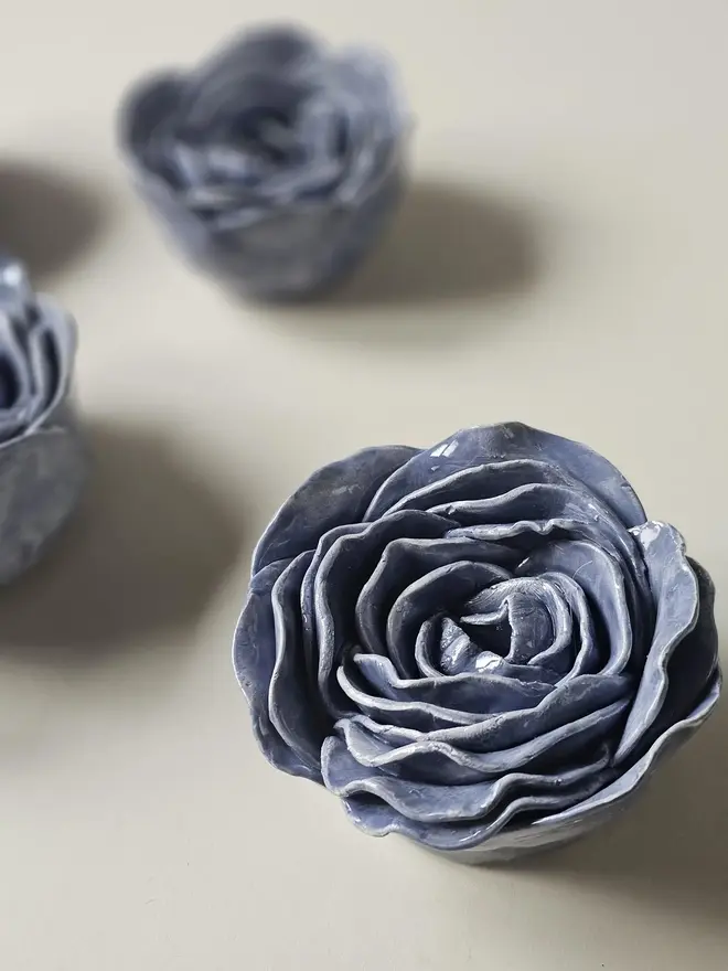 handmade blue ceramic flower wall hanging neutral decor sculpture art pottery glazed gift for her forever everlasting rose