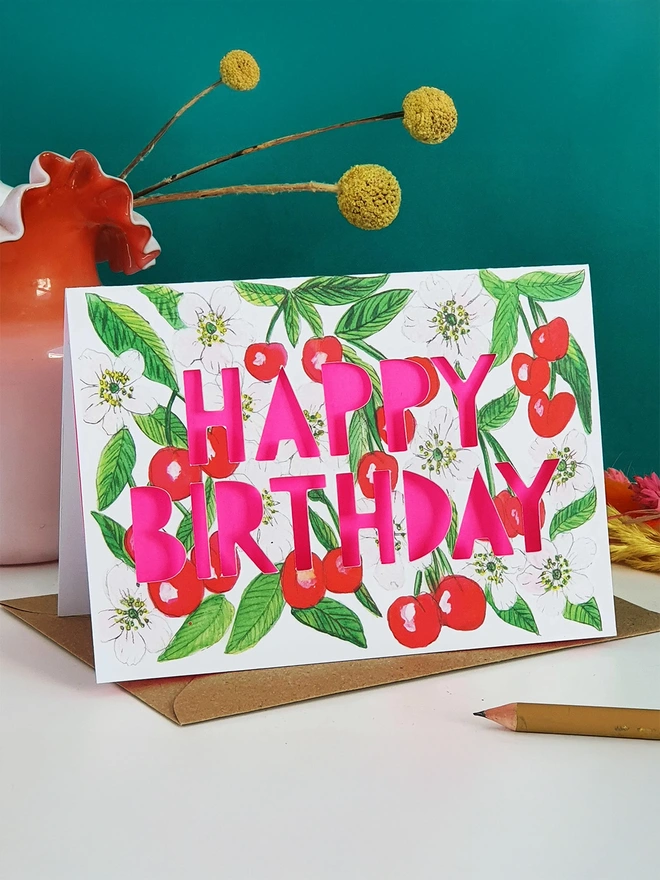 Neon Floral Cherries Paper Cut 'Happy Birthday' Card