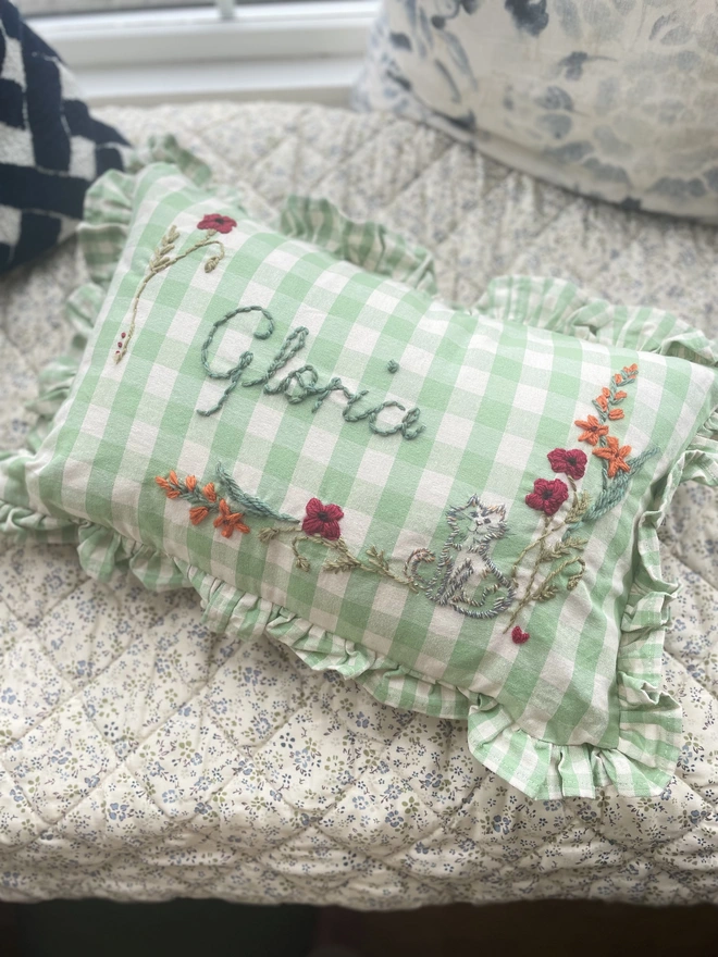 Hand embroidered cat themed cushion birthday gift custom made 