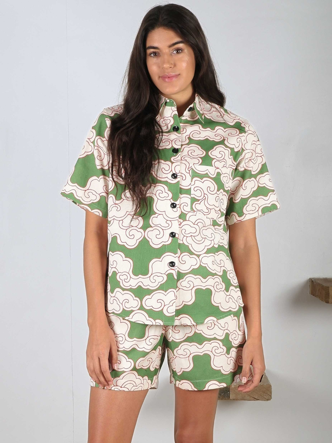 Organic Cotton & Linen Green Clouds Cuban Shirt