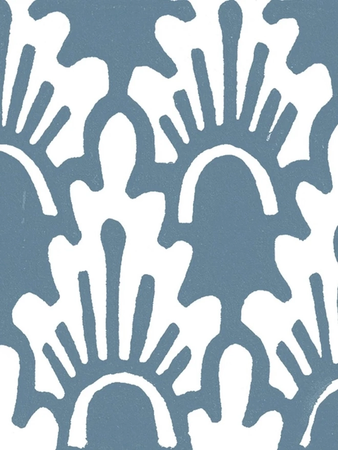 A4 Large Landscape Travel Watercolour Book. Close-up of a hand-printed paper pattern featuring bold white fan and palmette shapes on a soft slate blue background. The organic block-print motif works well for decorative wrapping, card making and craft use.