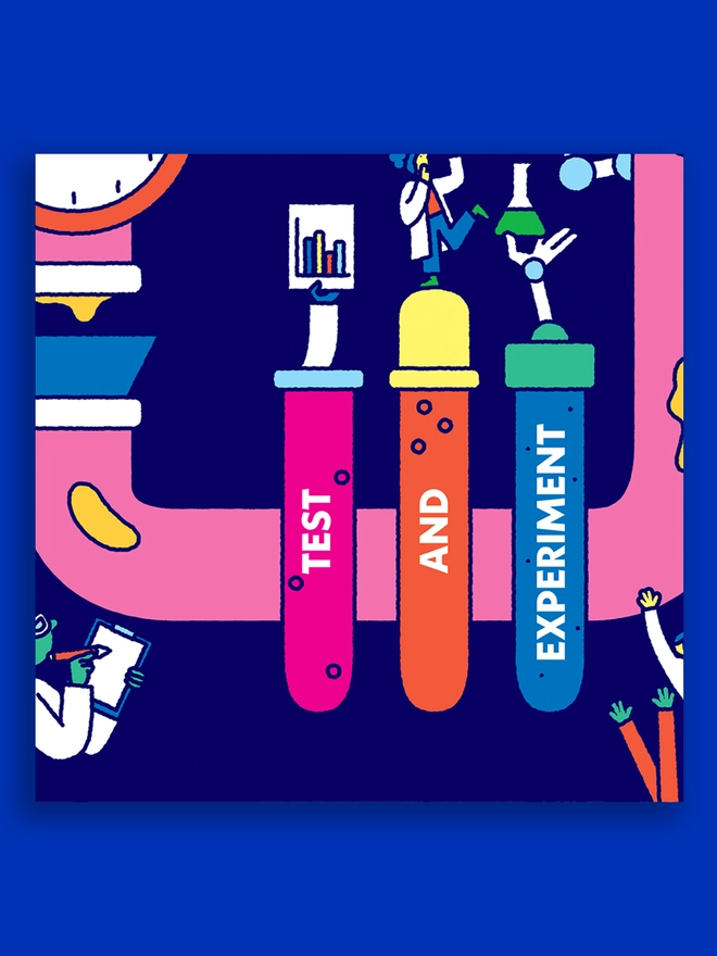 Multi coloured, illustrated test tubes with illustrated figures