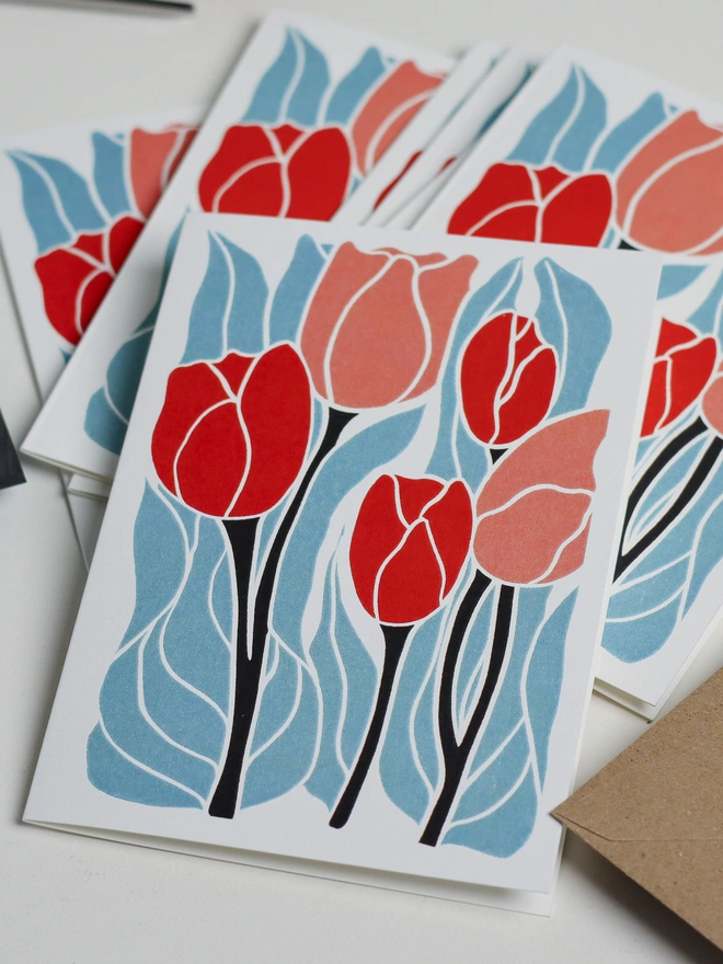 linocut red tulip flower thank you cards
